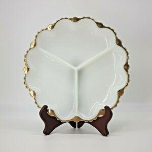 Milk Glass Divided Server Plate 22K Gold Party Vintage Fire King Anchor Hocking